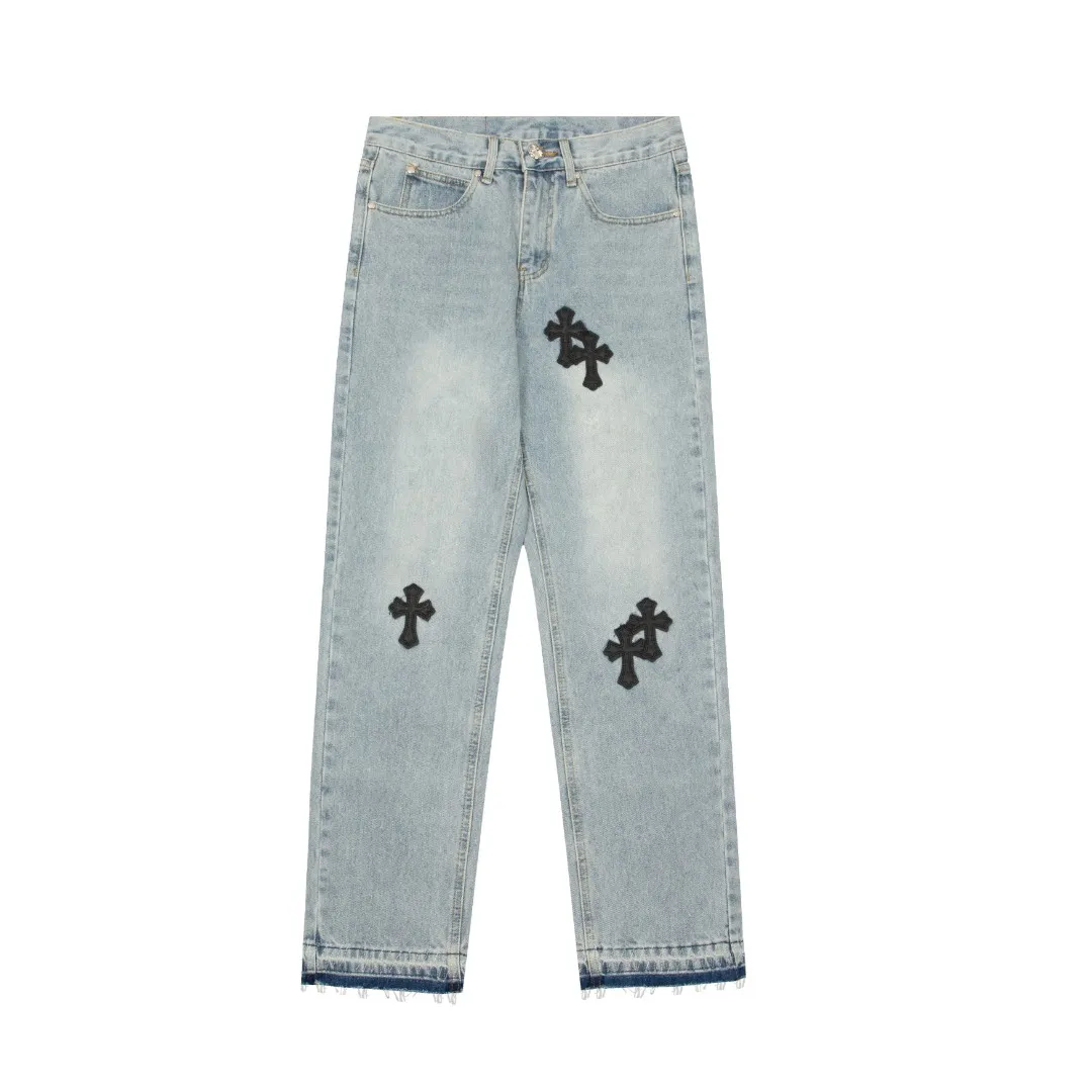 KE906#P230 The only correct leather label version on the market Chrome Hearts CH Cross embroidered distressed jeans Top ceiling quality 100% correct version The correct version is here!  Believe me this must be the best quality you will ever come across! ! Excellent value for money! !  Styles with different washes and textures are very friendly to people with thin legs and thick legs. The straight version is very flattering to the shape of the legs. The moderate length is timeless and easy to match. It is the basis of various styles and a must-have in the wardrobe! ! Add a little stacking to easily control the clean fit trend that has exploded this year. The fabric is stiff but also makes the upper body soft without losing texture. The sides and cuffs of some styles have a bone-wash effect. The vintage flavor pops up all at once. It’s really hard not to love it! ✅Correctly customize the Croxin metal leather label on the back panel. It is not sold directly with the cross on the finished jeans. 1:1 copying strives for excellence and the details are perfectly grasped. ✅The cross leather label is clear and smooth. Exquisite turning top craftsmanship. ✅Buttons, zippers and hardware are all customized versions of the Croxin LOGO. ✅High-cost washing process. Size: 28 30 32 34 36 (5 sizes)